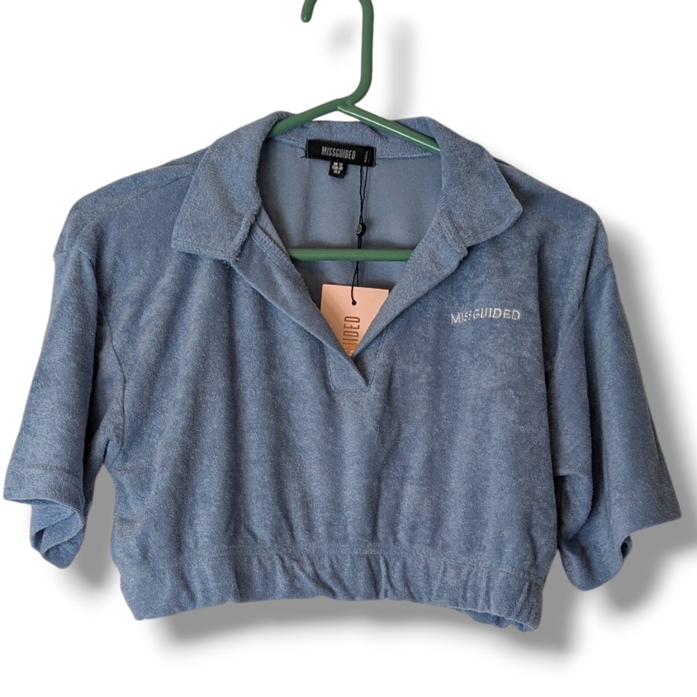 Missguided Rugby Terry Crop Preppy Polo Top in Blue: US Women's 8